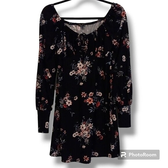Lily Rose Small Dark Floral 'Emma' Dress-Skater-Elastic Scoop Neck-Tie Close - Picture 2 of 9